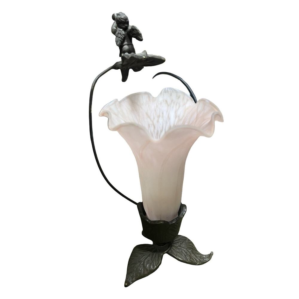 Vintage Cherub Trumpet Lamp Ruffled Pink Frosted Glass Flower Shade Art Nouveau